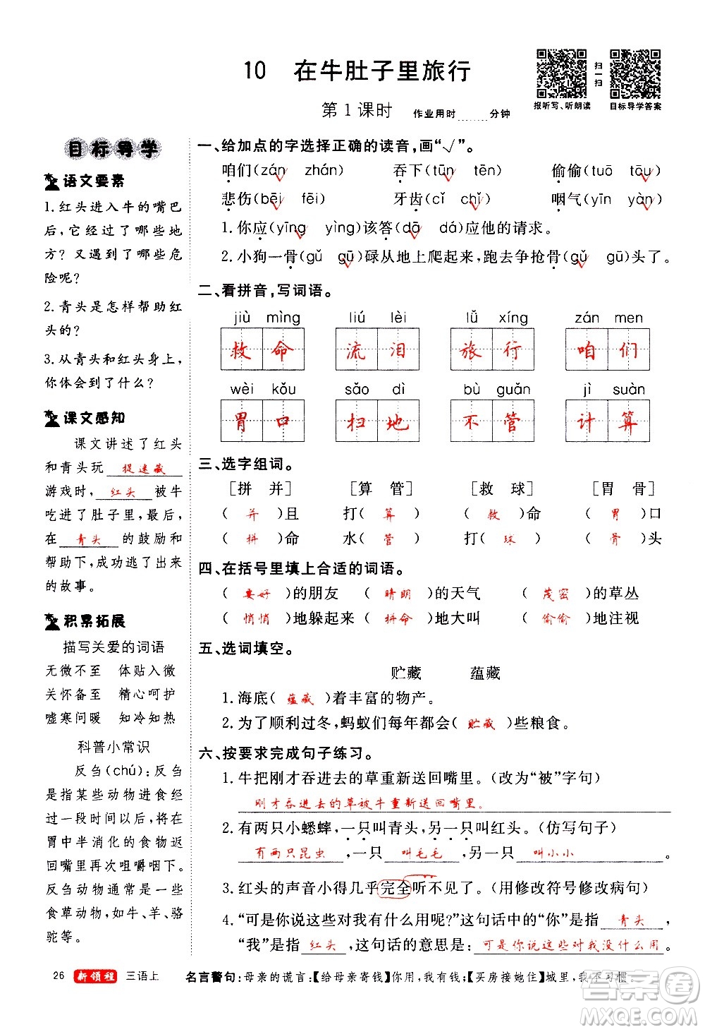 延邊大學(xué)出版社2020年新領(lǐng)程語(yǔ)文三年級(jí)上冊(cè)人教版答案