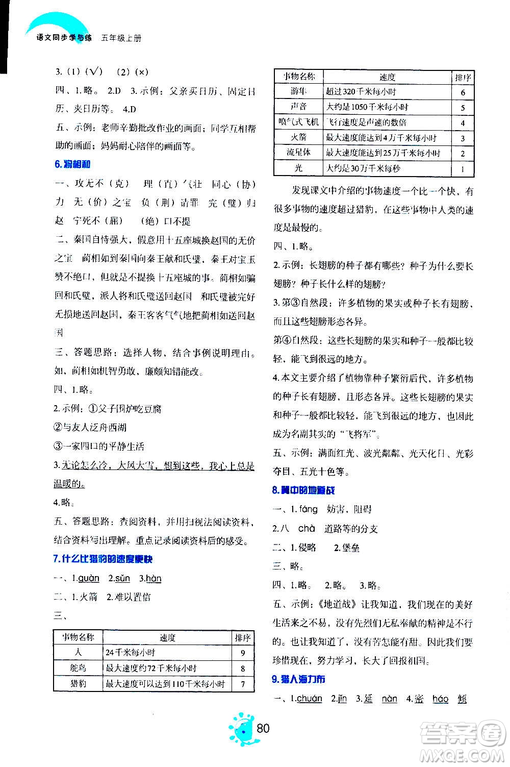 語文出版社2020年語文同步學(xué)與練五年級(jí)上冊人教版答案