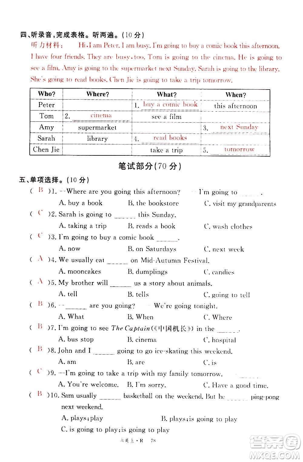 2020年新領(lǐng)程優(yōu)異真卷匯編英語六年級(jí)上冊(cè)R人教版答案