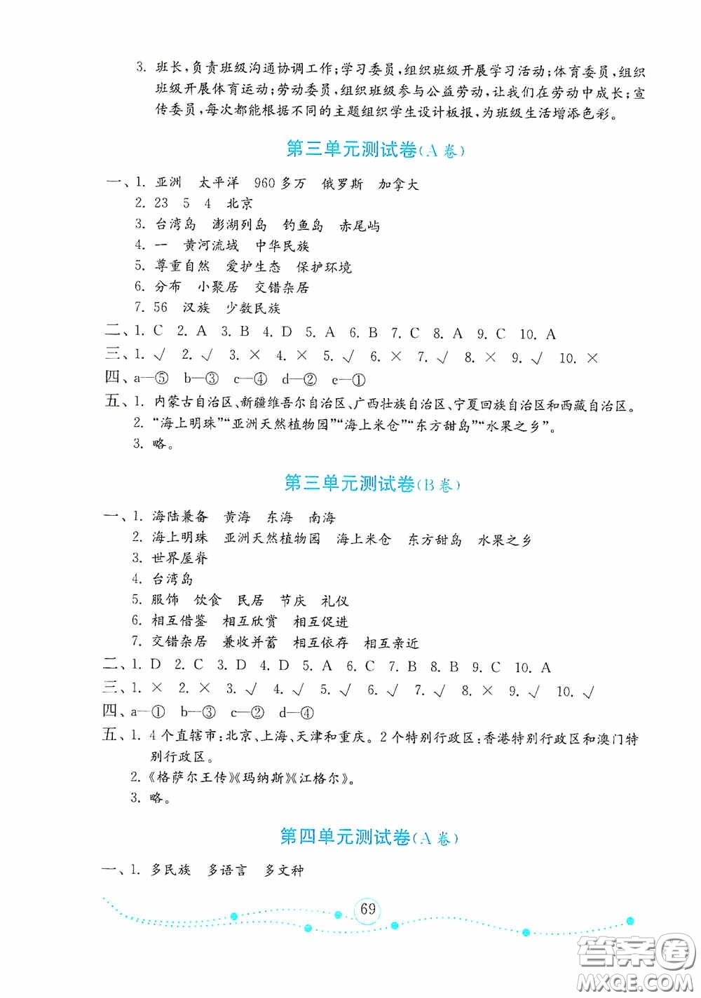 山東教育出版社2020金版金鑰匙小學(xué)道德與法治五年級(jí)上冊(cè)人教版答案