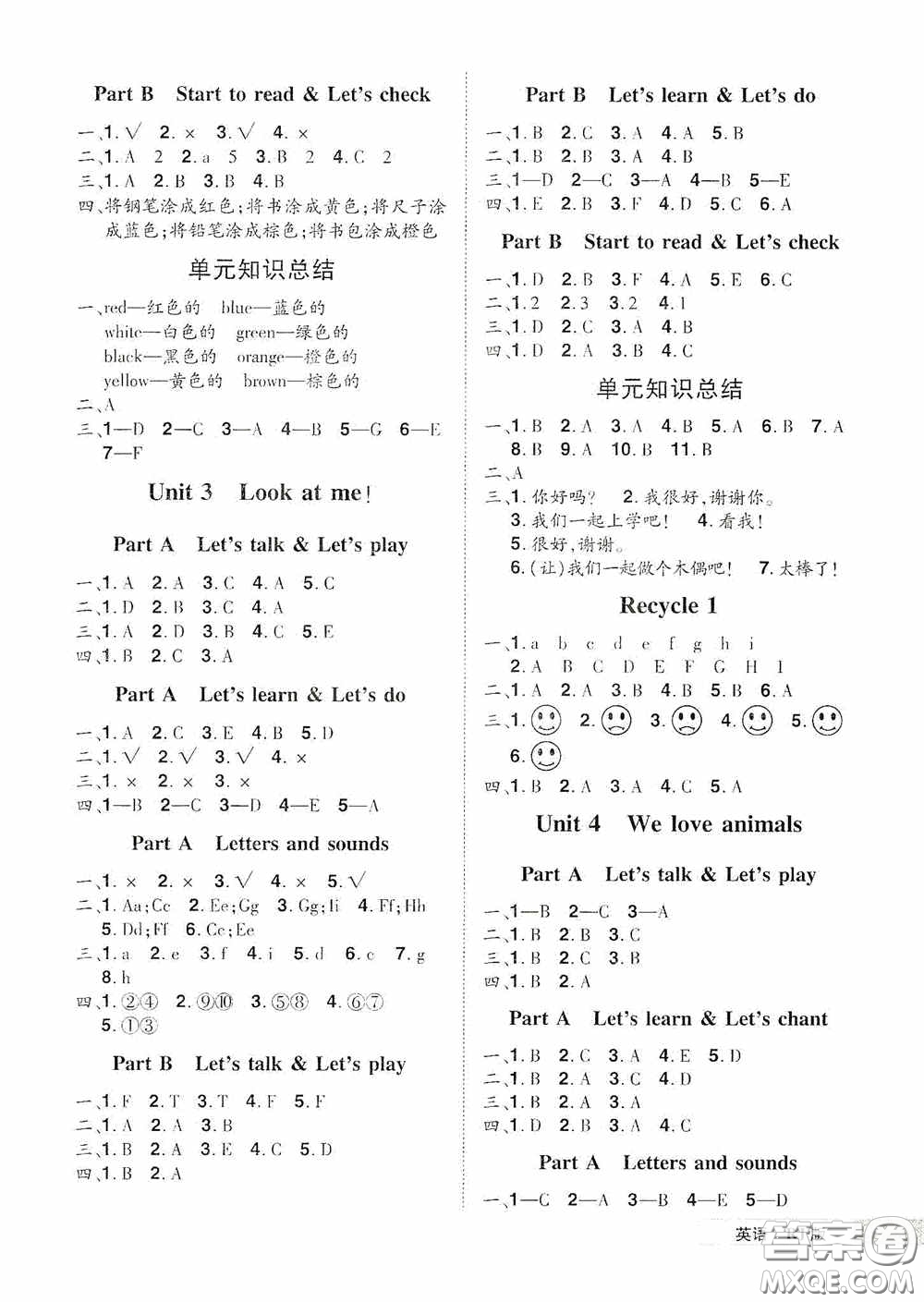江西美術出版社2020學海樂園三年級英語上冊人教版答案