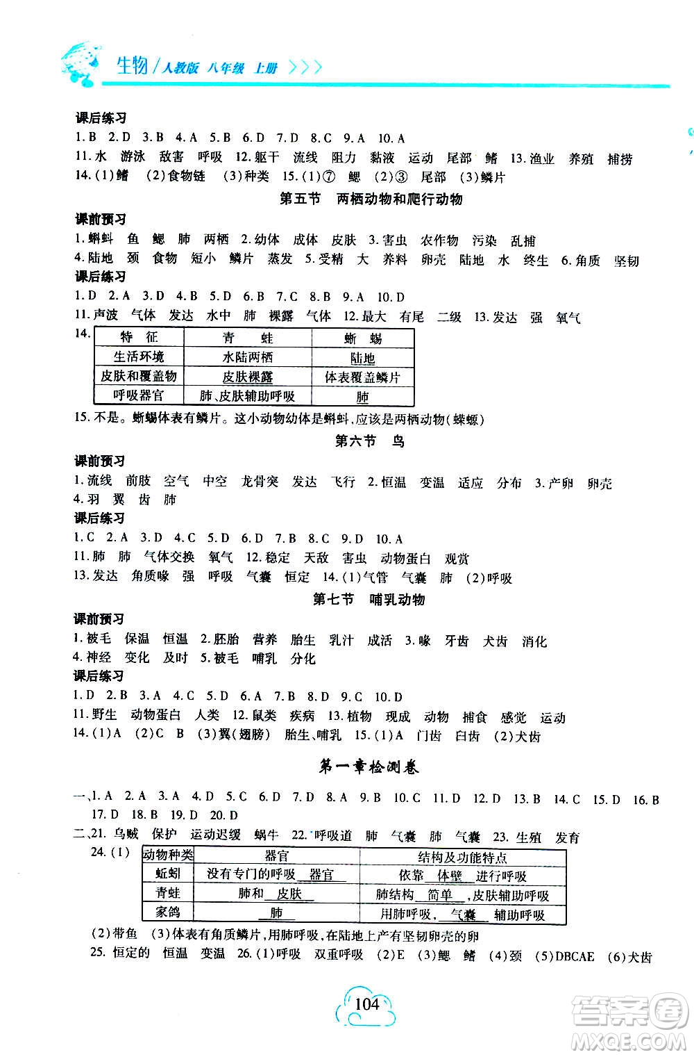 二十一世紀出版社2020年新課程新練習生物八年級上冊人教版答案