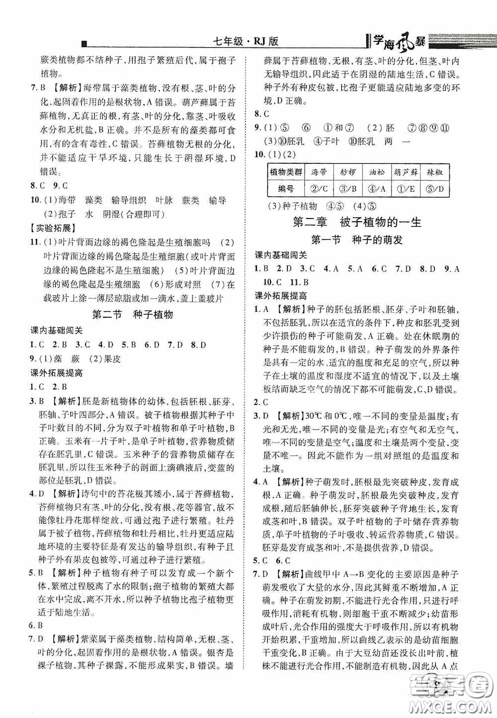 江西美術(shù)出版社2020學(xué)海風(fēng)暴七年級生物上冊人教版答案