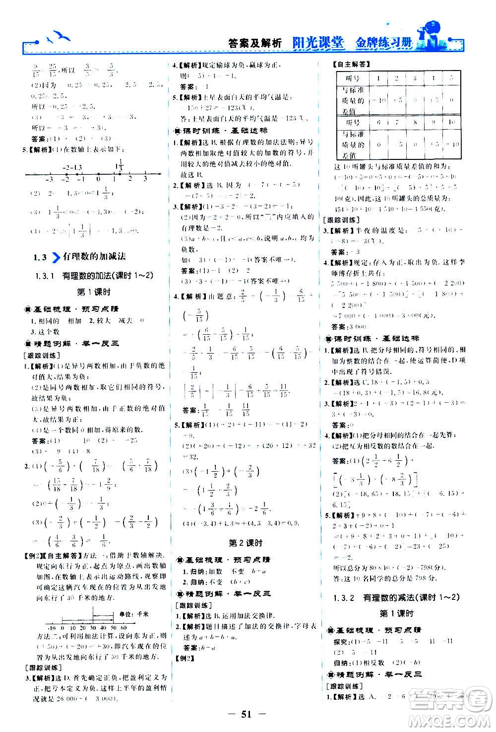 人民教育出版社2020年陽光課堂金牌練習冊數(shù)學七年級上冊人教版答案