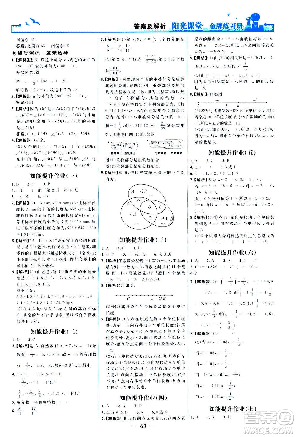 人民教育出版社2020年陽光課堂金牌練習冊數(shù)學七年級上冊人教版答案