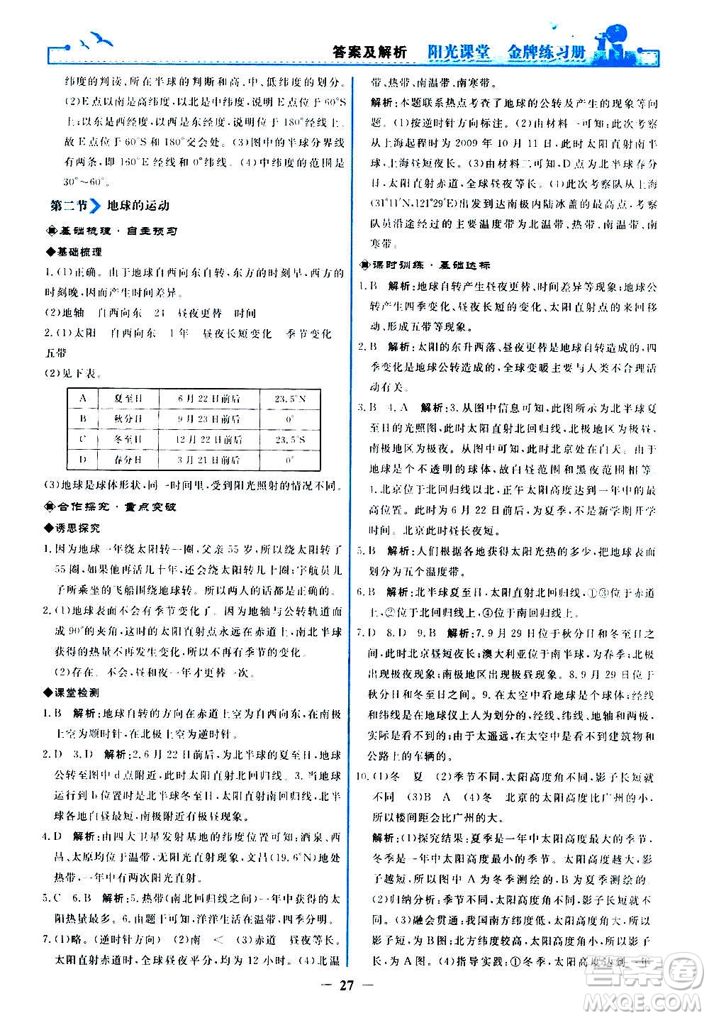 人民教育出版社2020年陽光課堂金牌練習冊地理七年級上冊人教版答案
