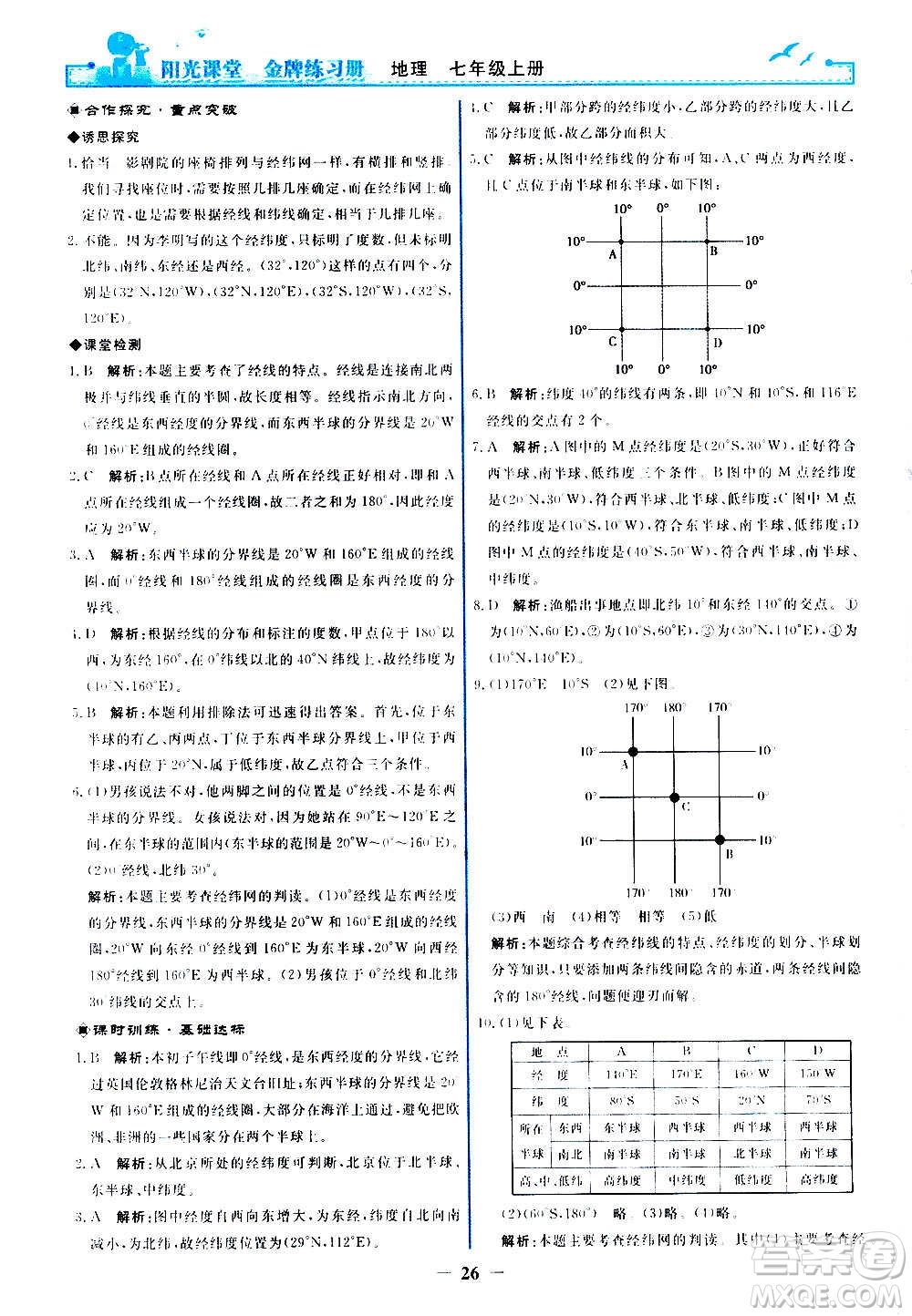 人民教育出版社2020年陽光課堂金牌練習冊地理七年級上冊人教版答案