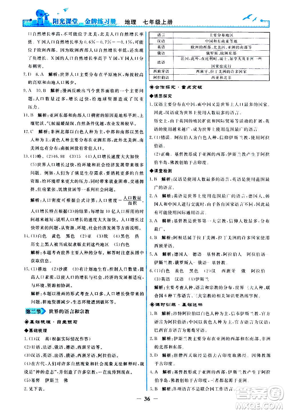 人民教育出版社2020年陽光課堂金牌練習冊地理七年級上冊人教版答案