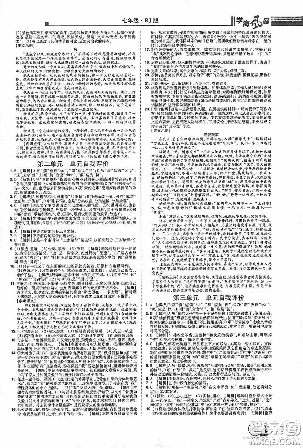 江西美術(shù)出版社2020學(xué)海風(fēng)暴七年級(jí)語文上冊(cè)人教版答案