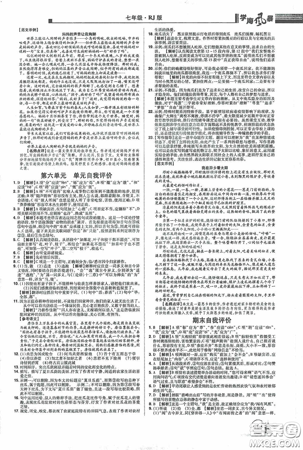江西美術(shù)出版社2020學(xué)海風(fēng)暴七年級(jí)語文上冊(cè)人教版答案