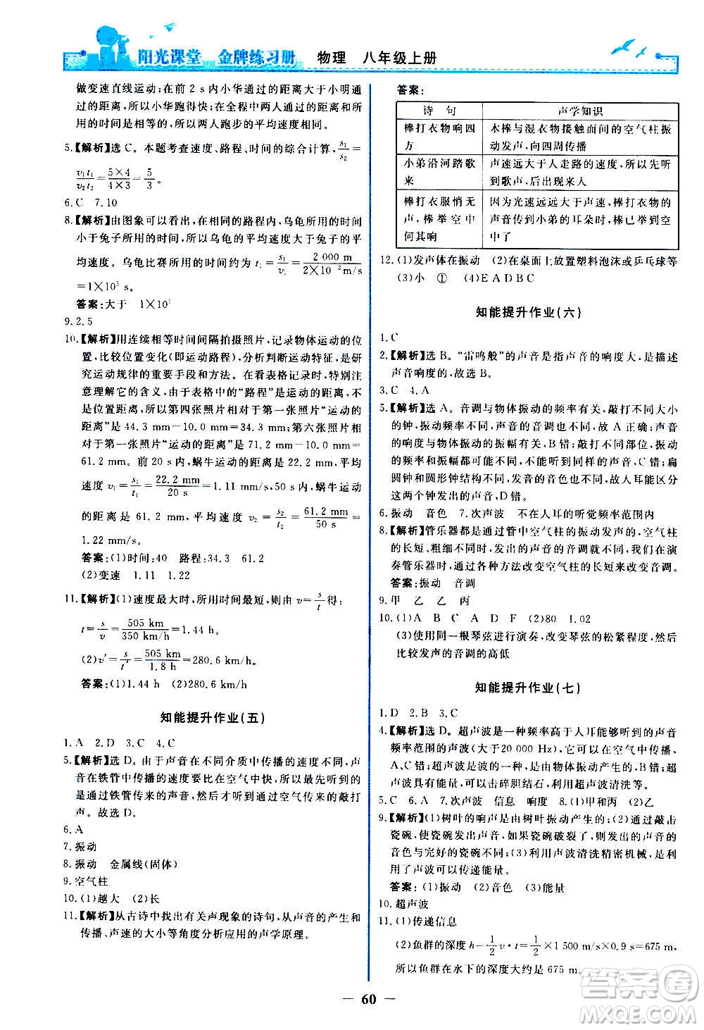 人民教育出版社2020年陽光課堂金牌練習(xí)冊物理八年級上冊人教版答案