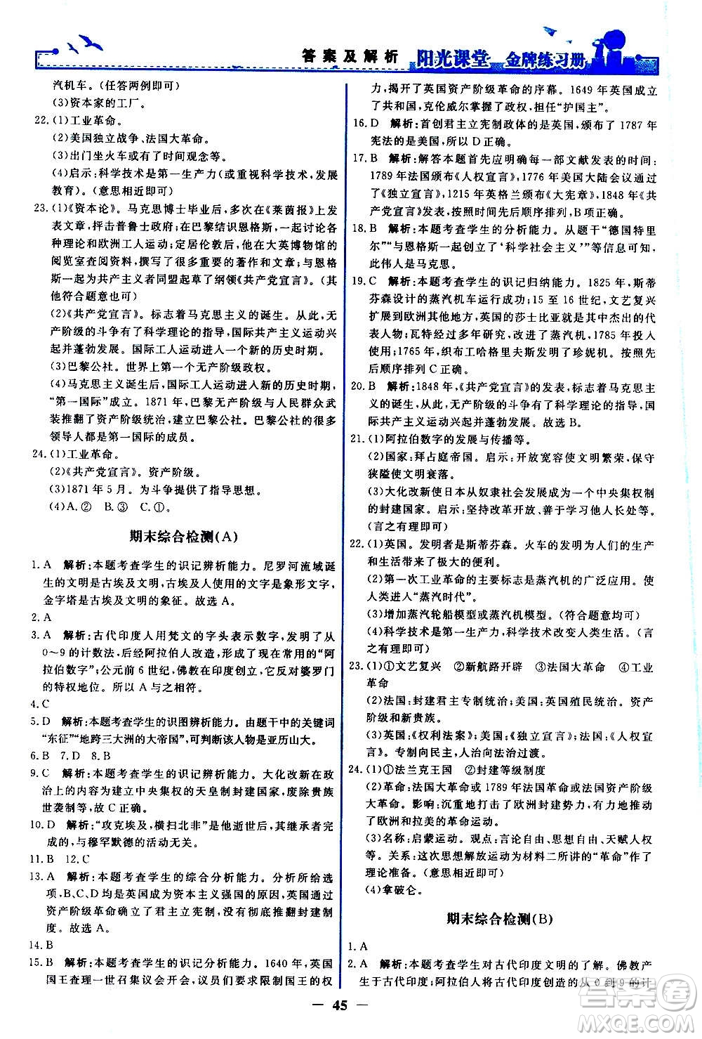 人民教育出版社2020年陽光課堂金牌練習(xí)冊(cè)世界歷史九年級(jí)上冊(cè)人教版答案