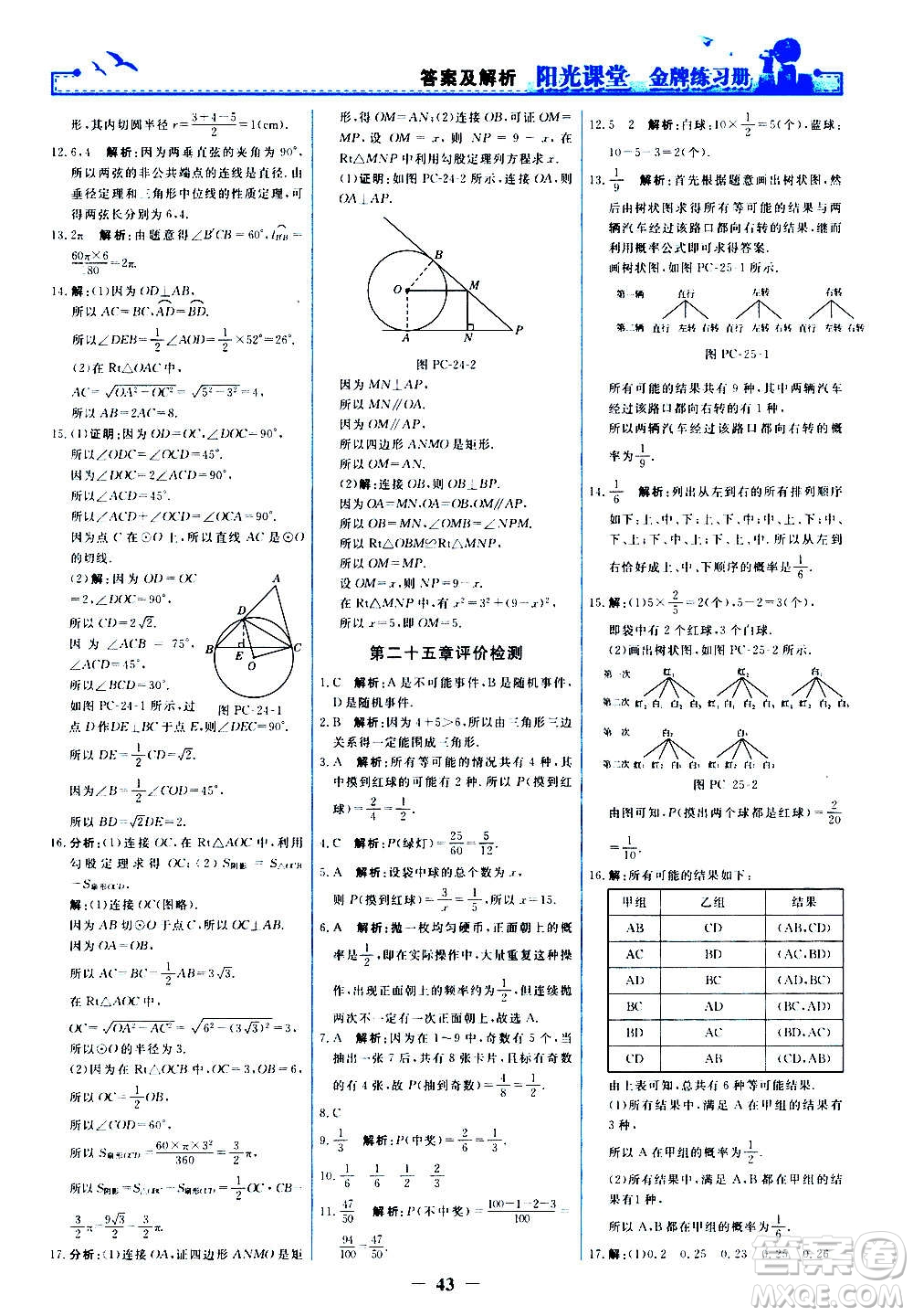 人民教育出版社2020年陽光課堂金牌練習(xí)冊數(shù)學(xué)九年級上冊人教版答案