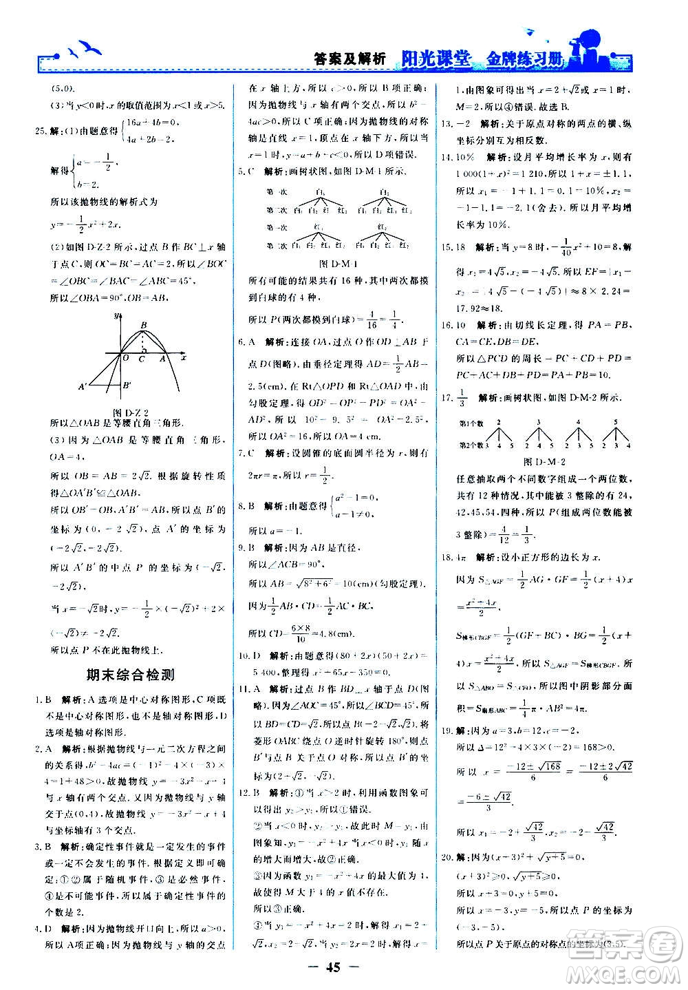 人民教育出版社2020年陽光課堂金牌練習(xí)冊數(shù)學(xué)九年級上冊人教版答案