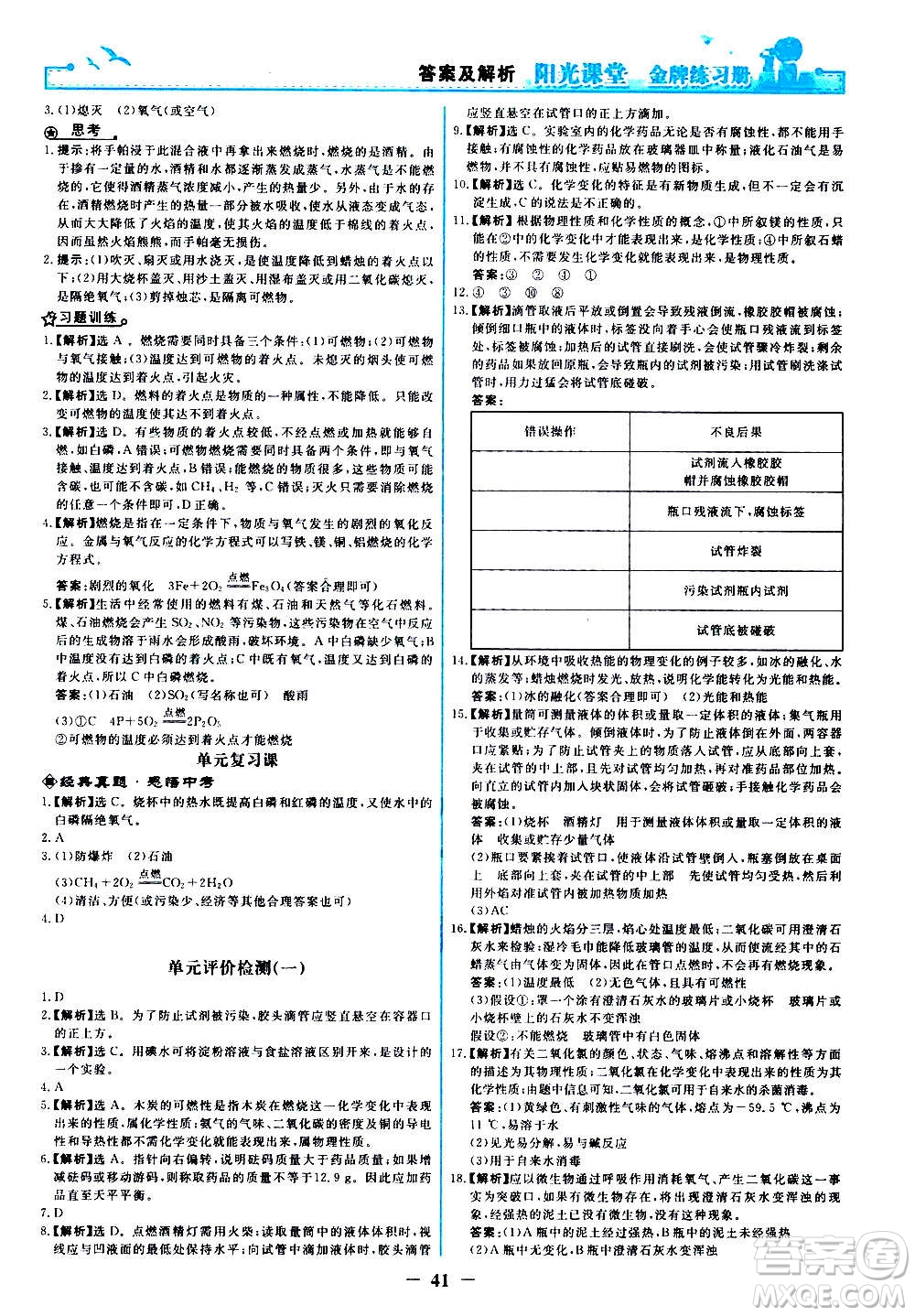人民教育出版社2020年陽(yáng)光課堂金牌練習(xí)冊(cè)化學(xué)九年級(jí)上冊(cè)人教版答案
