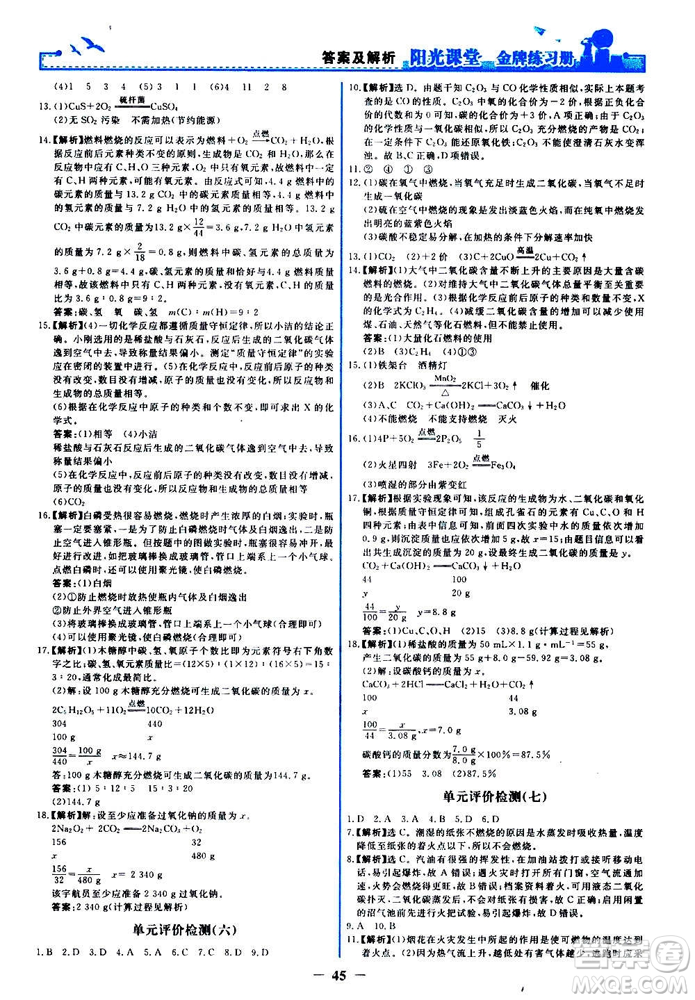 人民教育出版社2020年陽(yáng)光課堂金牌練習(xí)冊(cè)化學(xué)九年級(jí)上冊(cè)人教版答案
