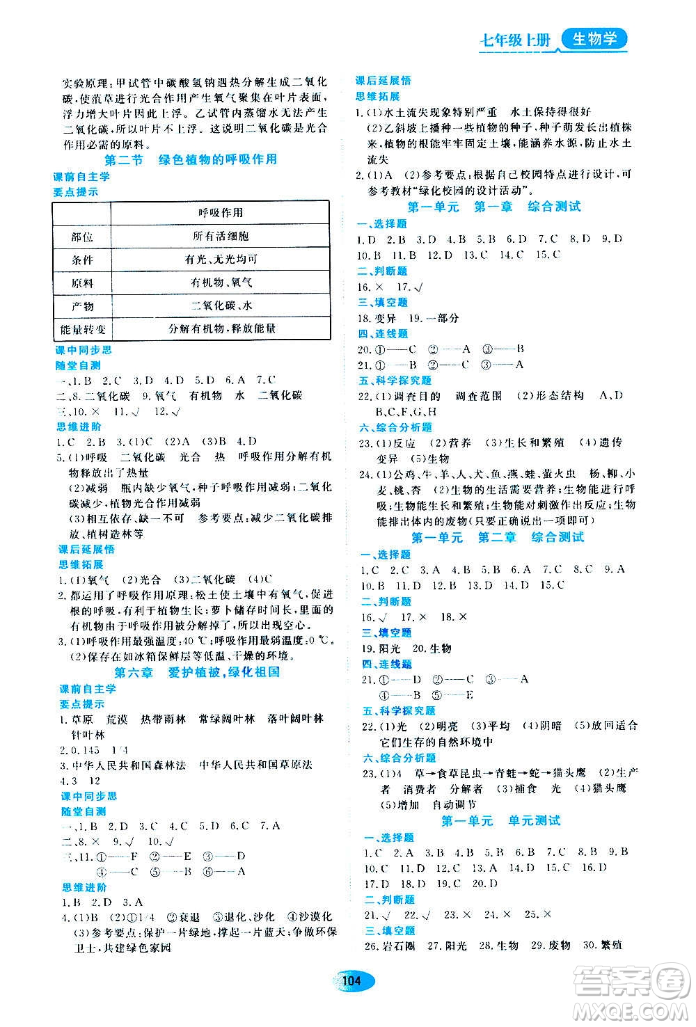 黑龍江教育出版社2020年資源與評價(jià)生物學(xué)七年級上冊人教版參考答案