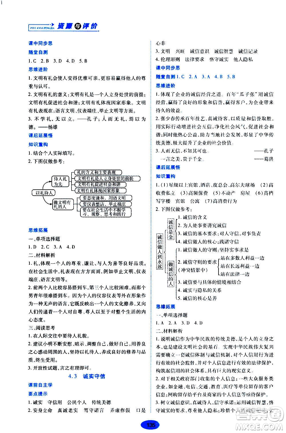 黑龍江教育出版社2020年資源與評價道德與法治八年級上冊人教版答案