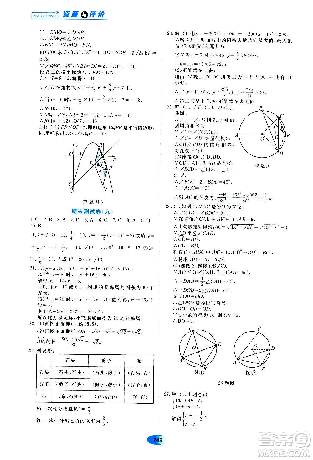2020年五四學(xué)制資源與評價數(shù)學(xué)九年級上冊人教版參考答案