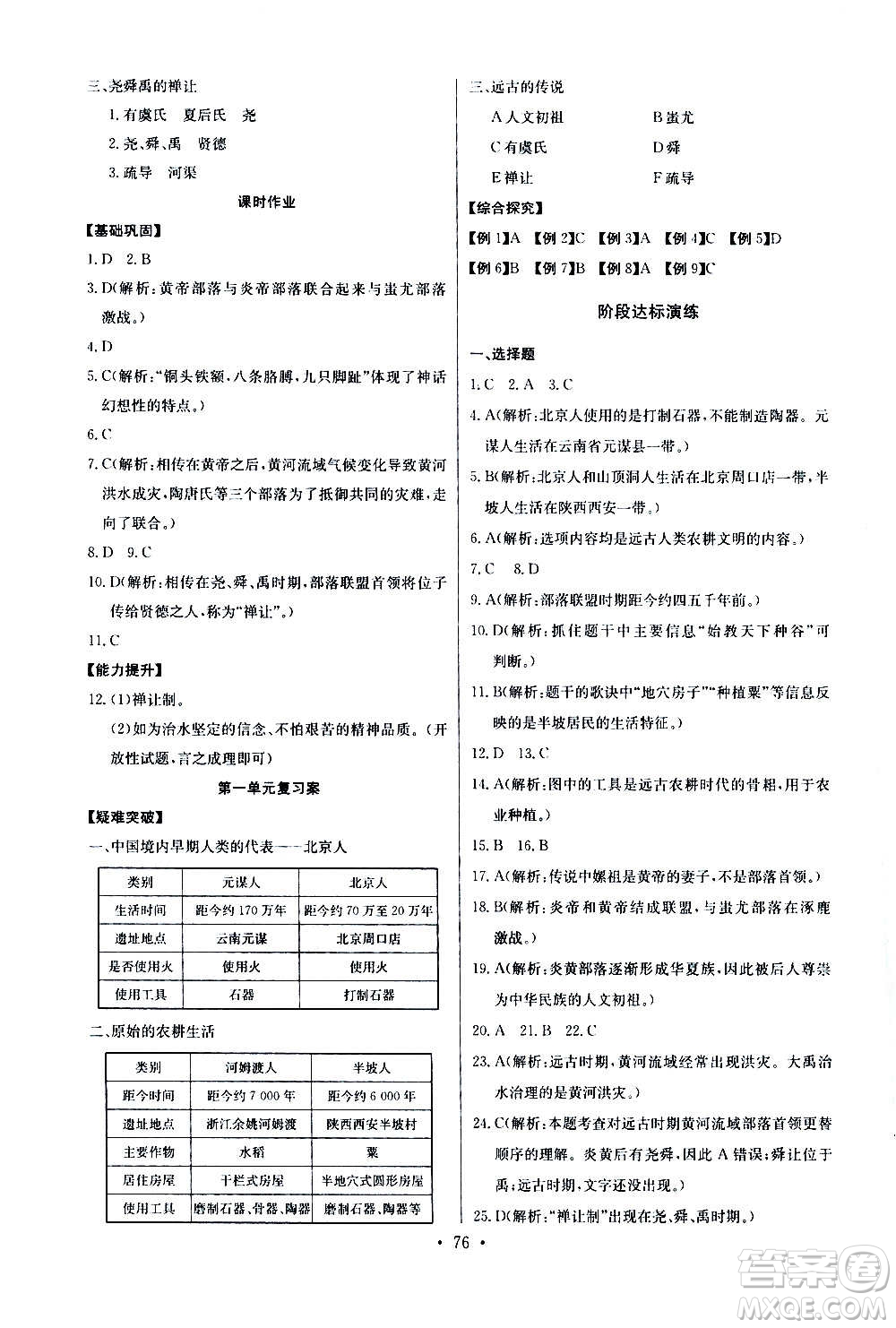 2020年長江全能學案同步練習冊歷史七年級上冊人教版參考答案