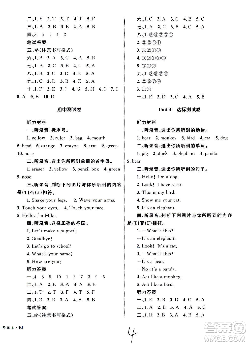 2020年優(yōu)化設(shè)計(jì)單元測(cè)試卷英語(yǔ)三年級(jí)上冊(cè)RJ人教版答案