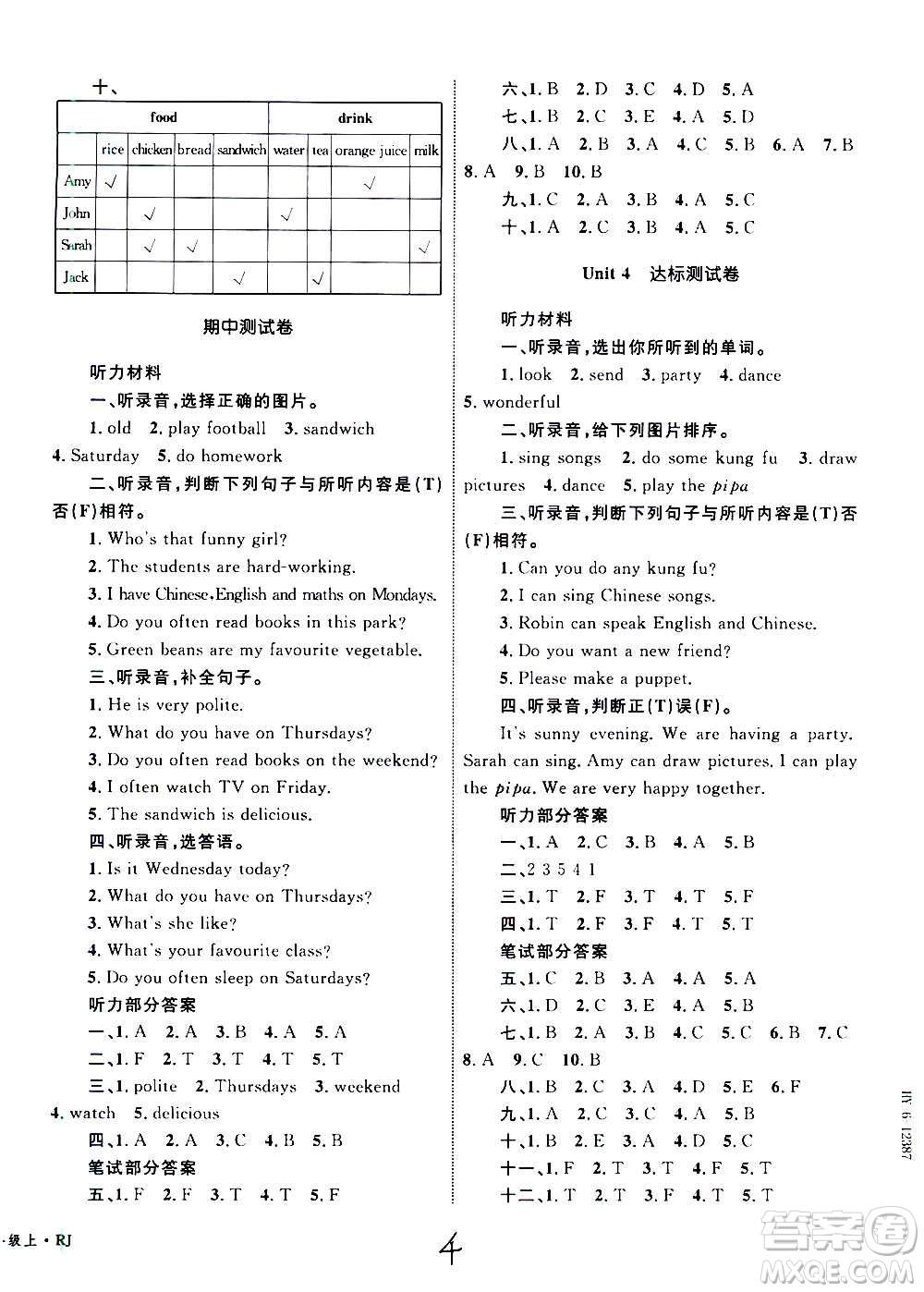 2020年優(yōu)化設(shè)計(jì)單元測(cè)試卷英語(yǔ)五年級(jí)上冊(cè)RJ人教版答案