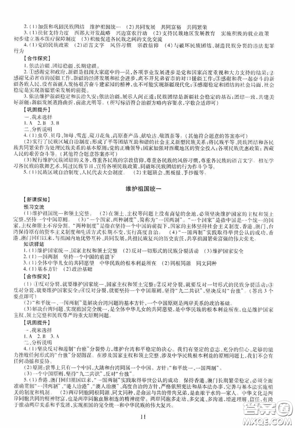 明天出版社2020智慧學(xué)習(xí)九年級道德與法治全一冊人教版答案