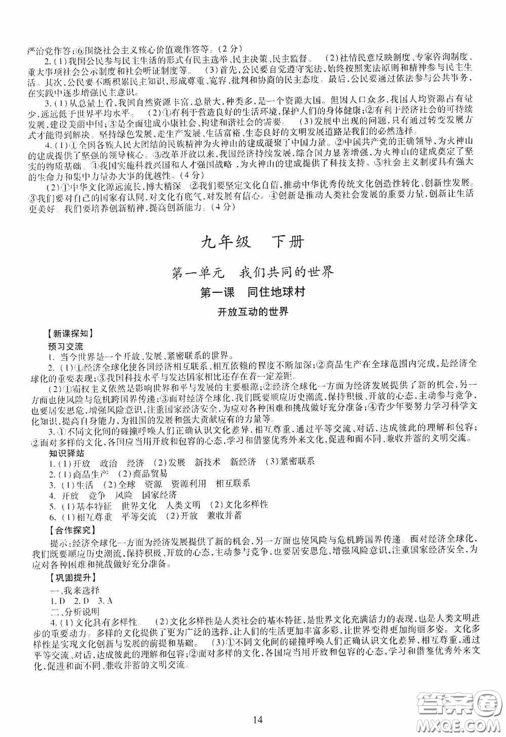 明天出版社2020智慧學(xué)習(xí)九年級道德與法治全一冊人教版答案