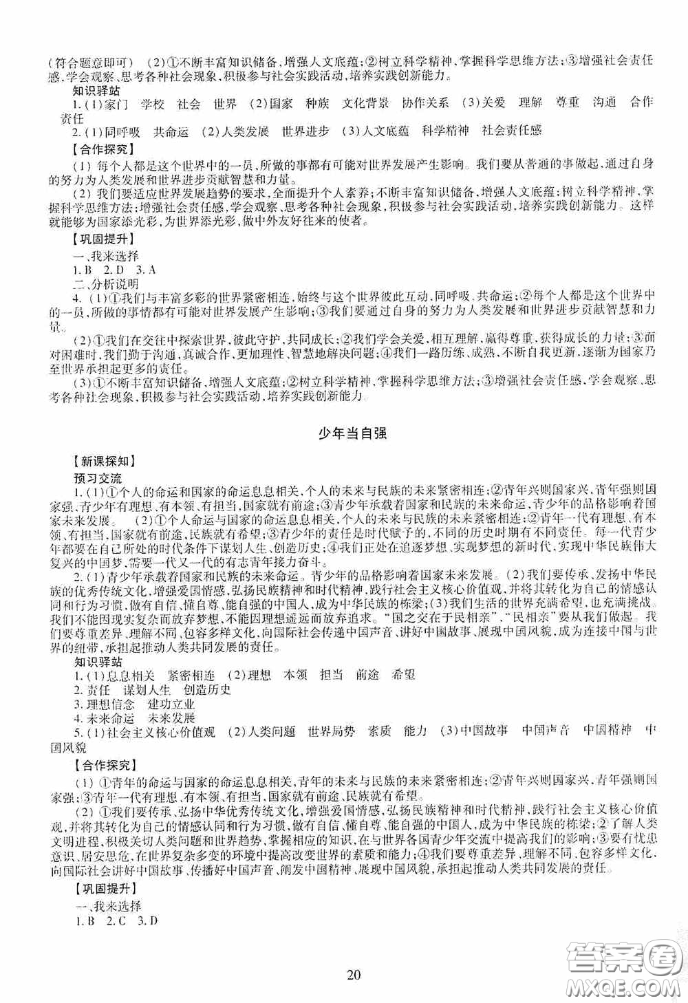 明天出版社2020智慧學(xué)習(xí)九年級道德與法治全一冊人教版答案