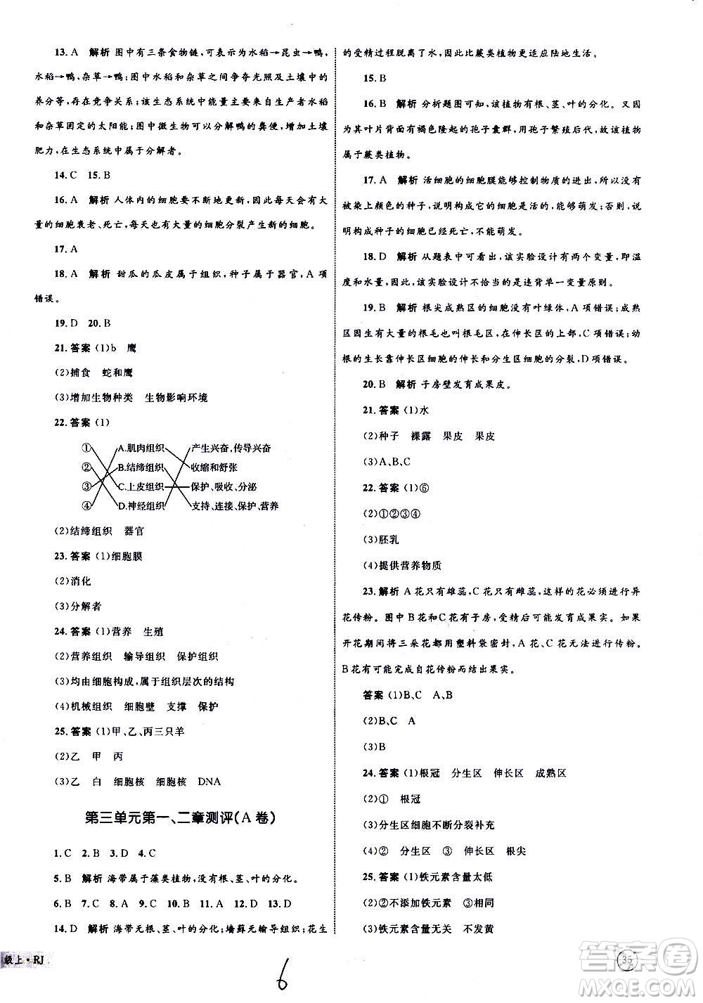 2020年優(yōu)化設(shè)計(jì)單元測(cè)試卷生物七年級(jí)上冊(cè)RJ人教版答案