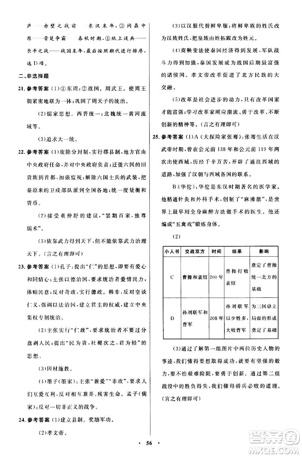 人民教育出版社2020初中同步測(cè)控優(yōu)化設(shè)計(jì)中國(guó)歷史七年級(jí)上冊(cè)人教版答案