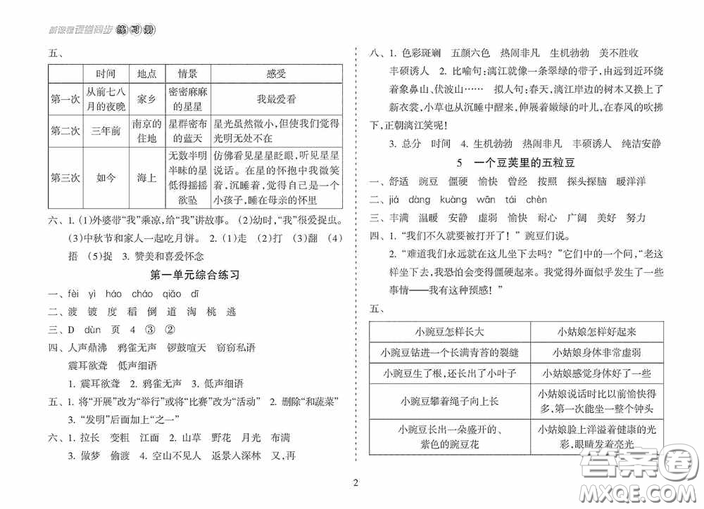 南方出版社2020新課程課堂同步練習(xí)冊四年級語文上冊人教版答案