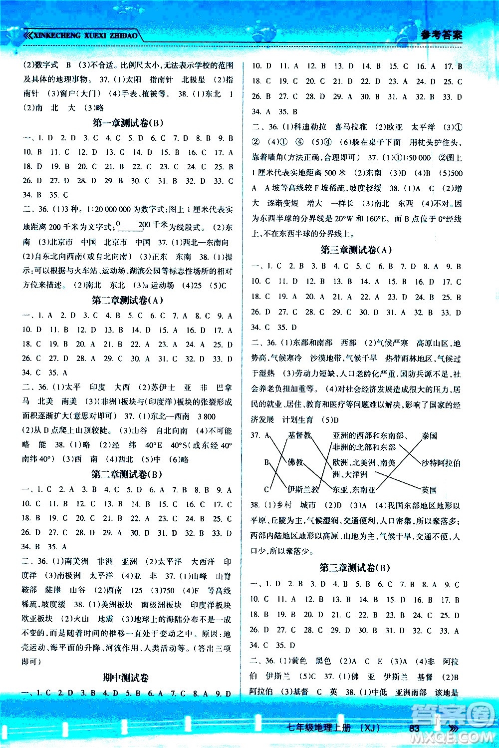 南方出版社2020年新課程學(xué)習(xí)指導(dǎo)地理七年級(jí)上冊(cè)XJ湘教版答案