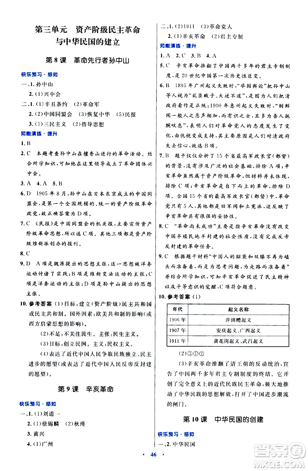 人民教育出版社2020初中同步測控優(yōu)化設(shè)計中國歷史八年級上冊人教版答案