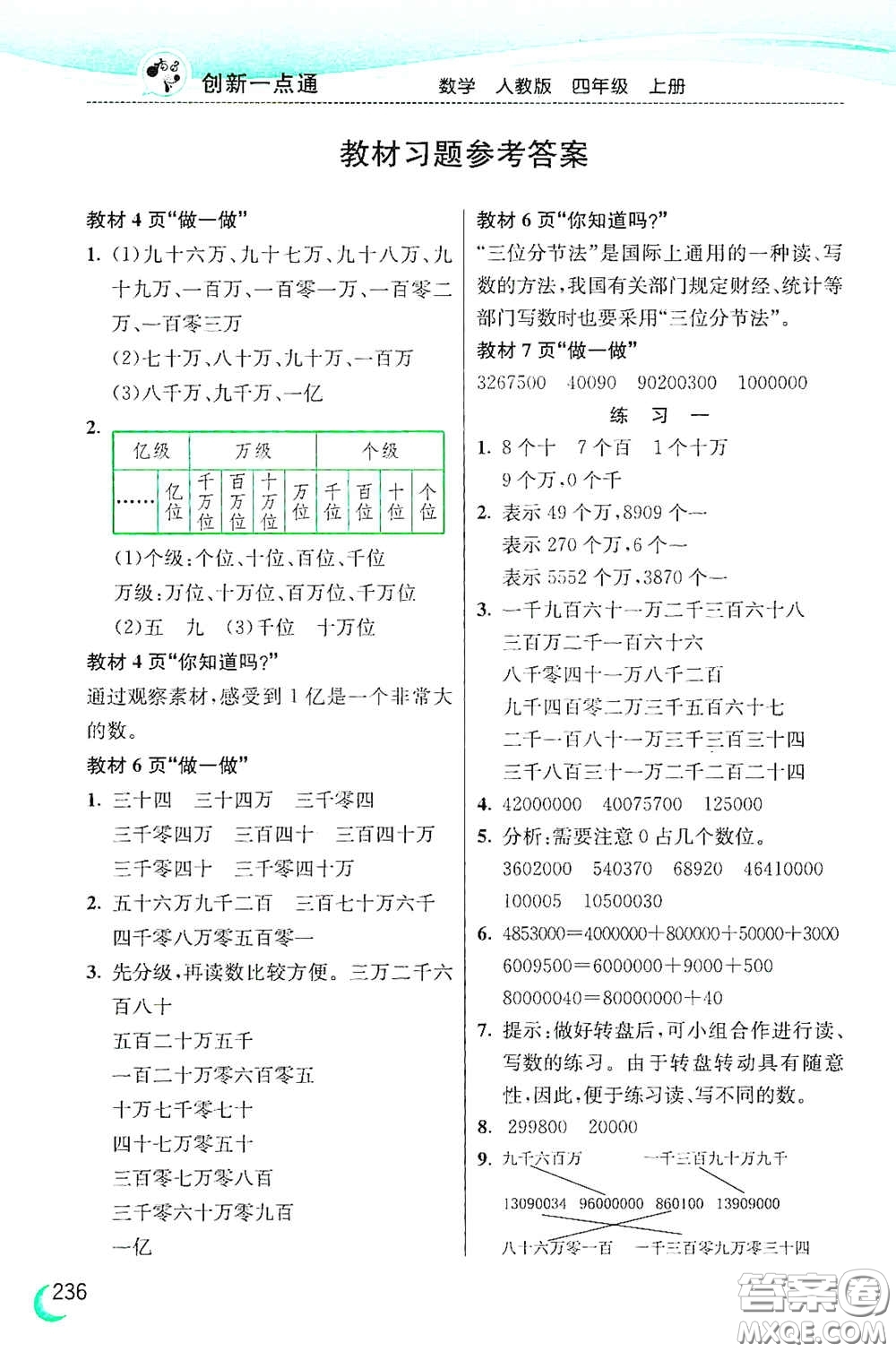 河北教育出版社2020小學(xué)創(chuàng)新一點(diǎn)通四年級(jí)數(shù)學(xué)上冊(cè)人教版答案