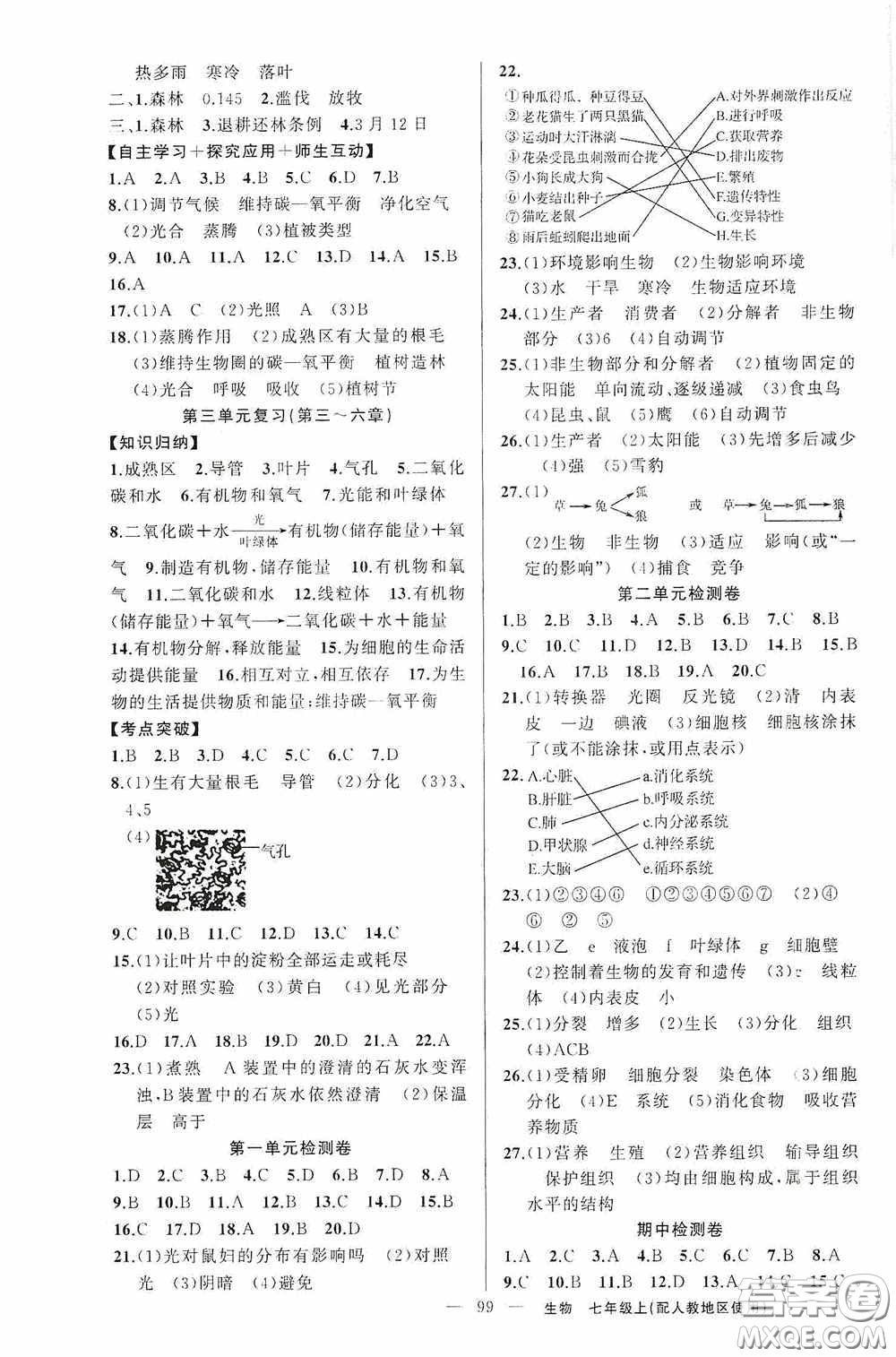 云南美術出版社2020學生課程精巧訓練課堂創(chuàng)新學練測七年級生物上冊人教版答案