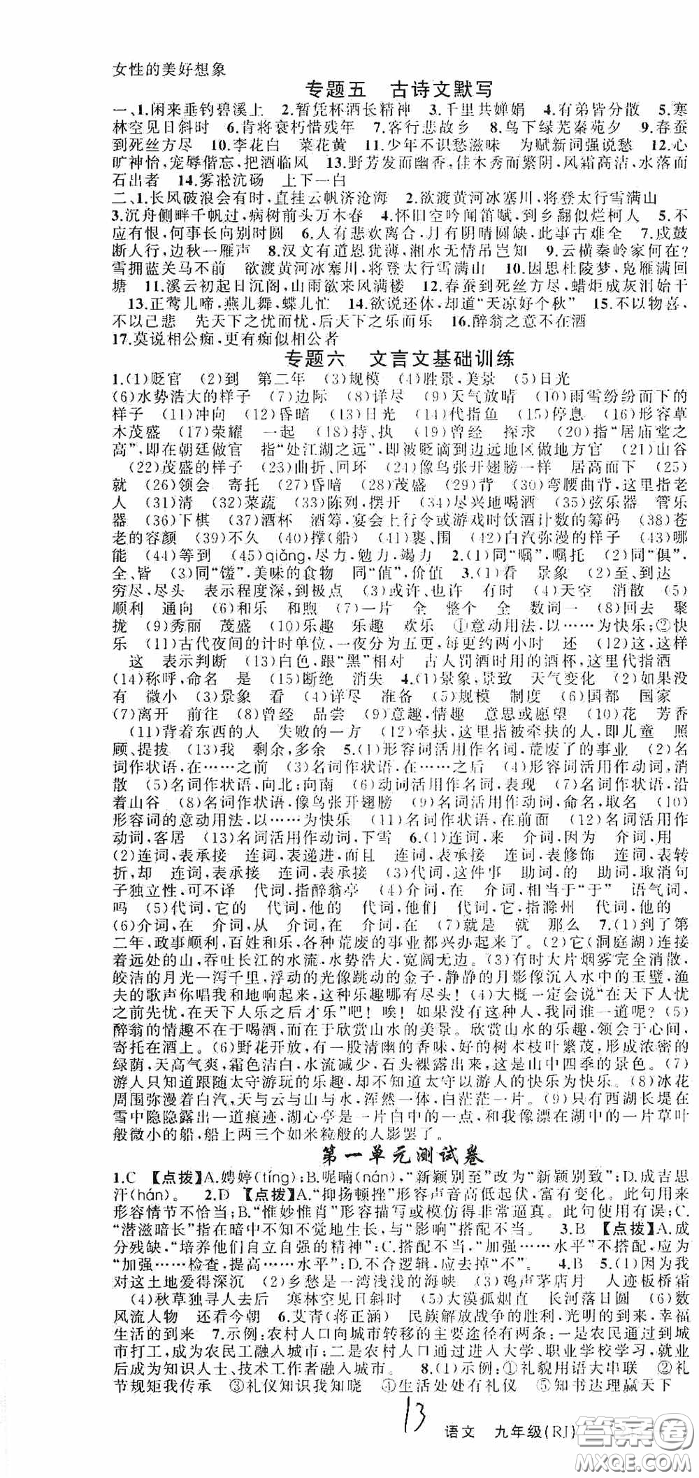 云南美術(shù)出版社2020學(xué)生課程精巧訓(xùn)練課堂創(chuàng)新學(xué)練測九年級語文上冊人教版答案