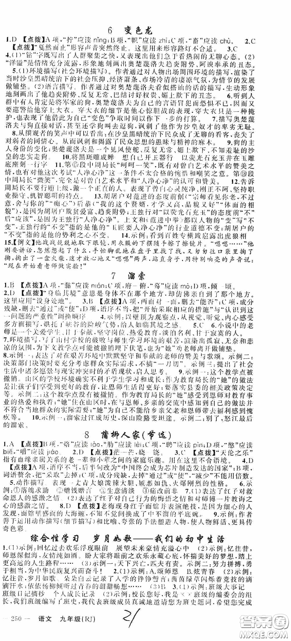 云南美術(shù)出版社2020學(xué)生課程精巧訓(xùn)練課堂創(chuàng)新學(xué)練測九年級語文上冊人教版答案