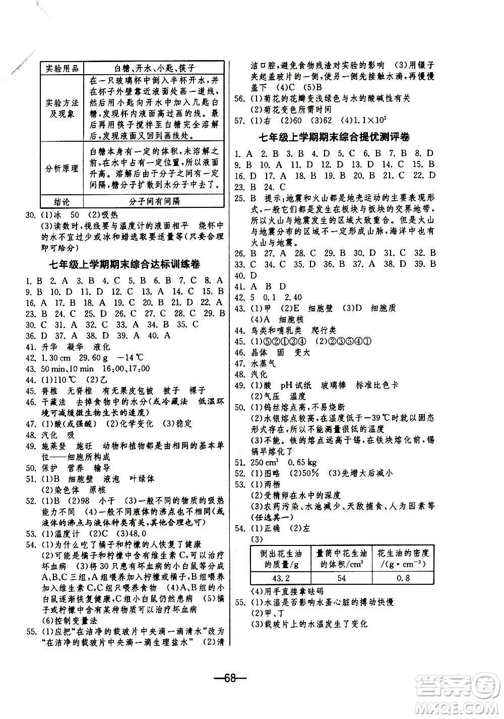 江蘇人民出版社2020年期末闖關(guān)沖刺100分科學七年級上冊浙教版答案