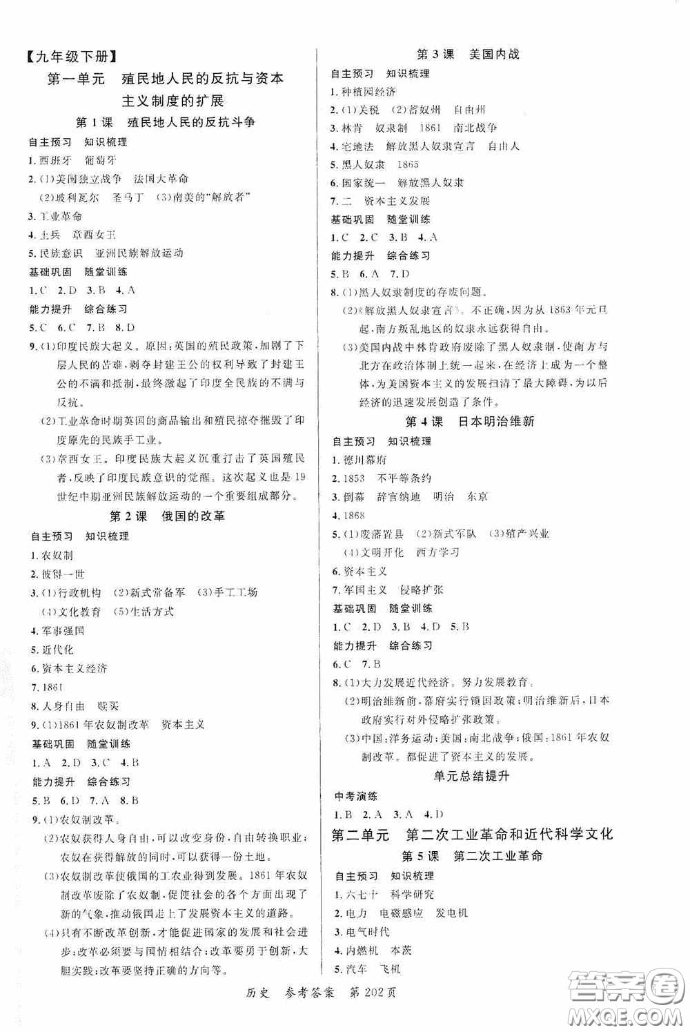 云南美術(shù)出版社2020學生課程精巧訓練課堂創(chuàng)新學練測九年級歷史全一冊答案