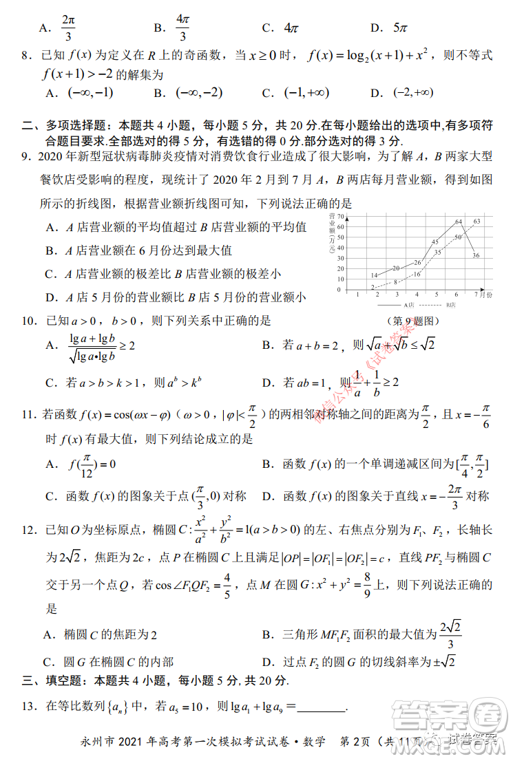 永州市2021年高考第一次模擬考試數(shù)學試卷及答案