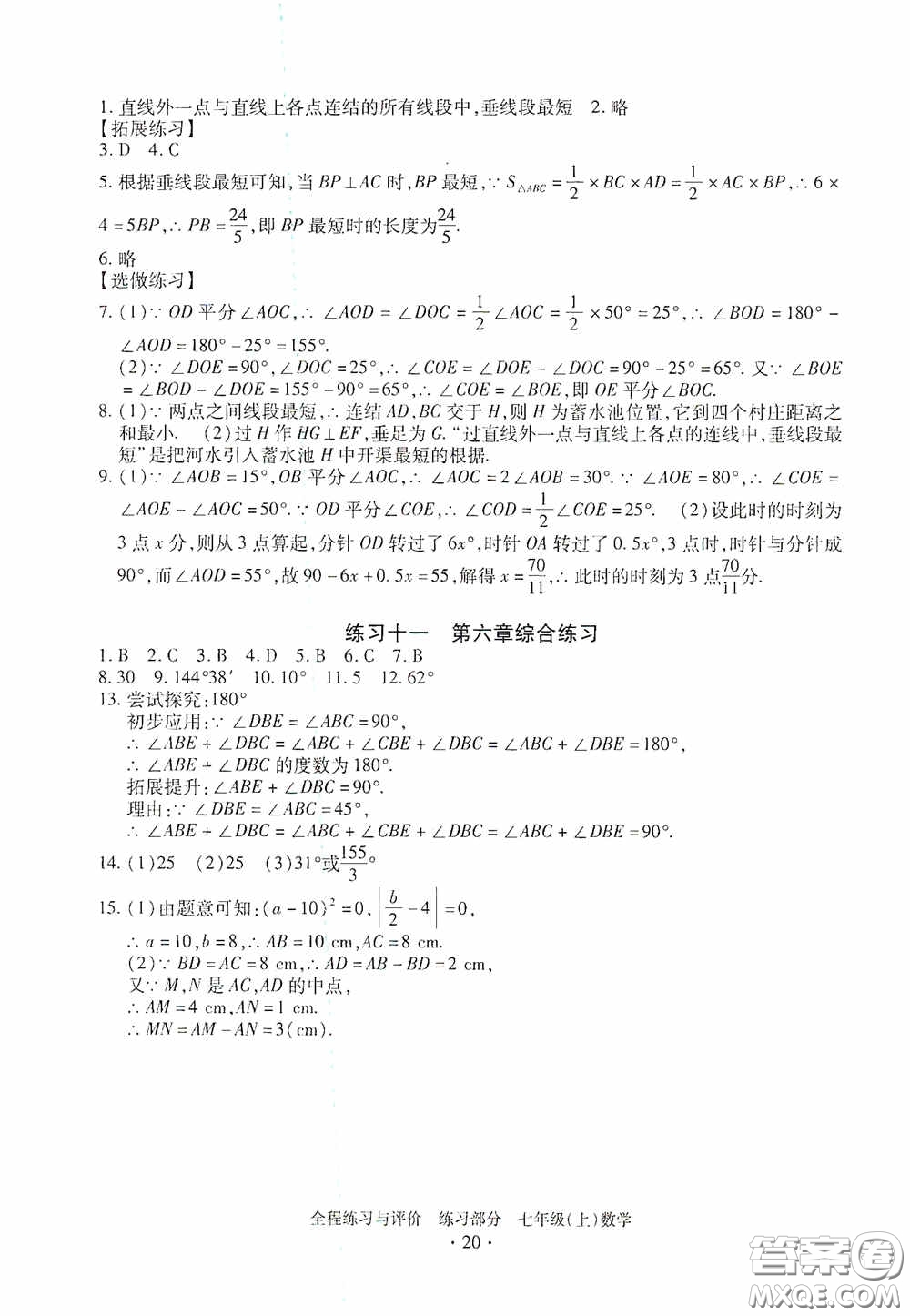 浙江人民出版社2020全程練習與評價七年級數(shù)學上冊ZH版答案