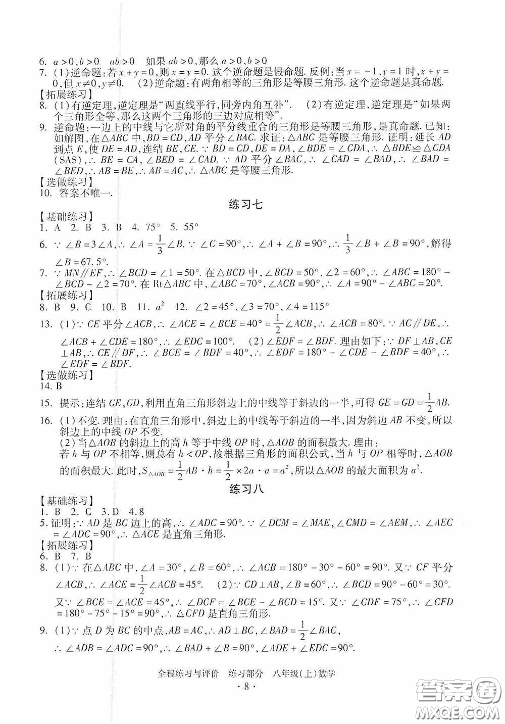 浙江人民出版社2020全程練習(xí)與評(píng)價(jià)八年級(jí)數(shù)學(xué)上冊(cè)ZH版答案