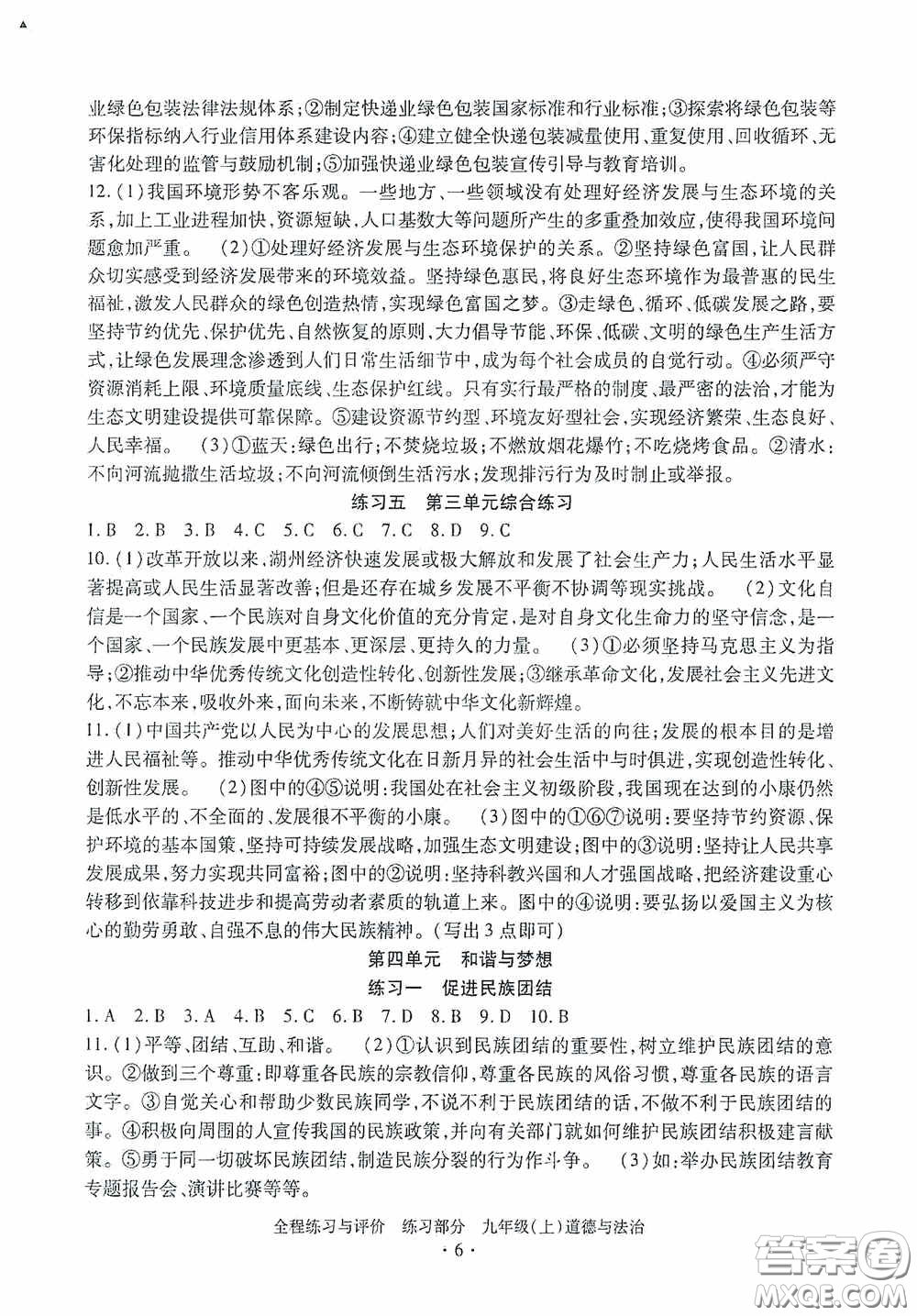 浙江人民出版社2020全程練習與評價九年級道德與法治上冊人教版答案
