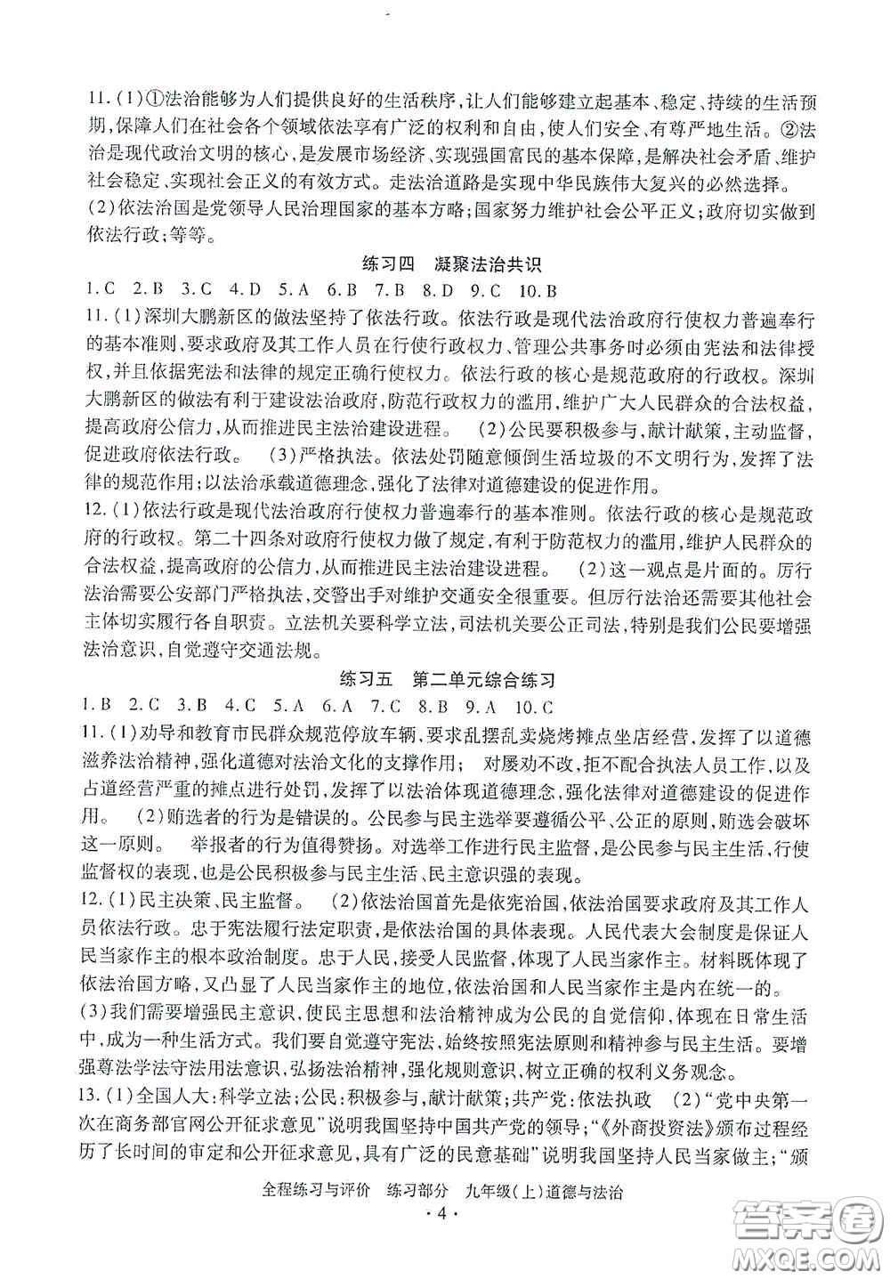 浙江人民出版社2020全程練習與評價九年級道德與法治上冊人教版答案