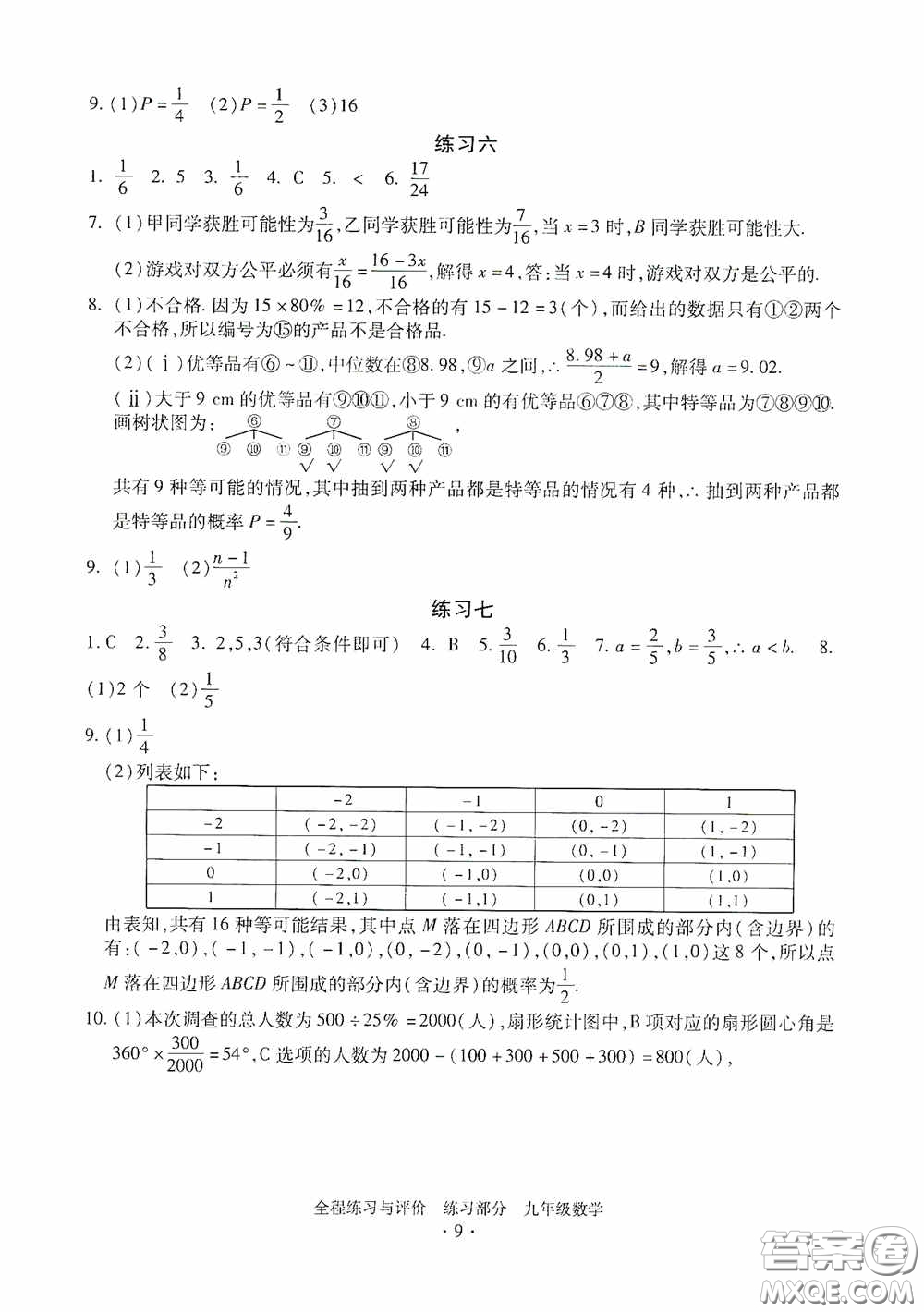 浙江人民出版社2020全程練習(xí)與評價九年級數(shù)學(xué)全一冊ZH版答案