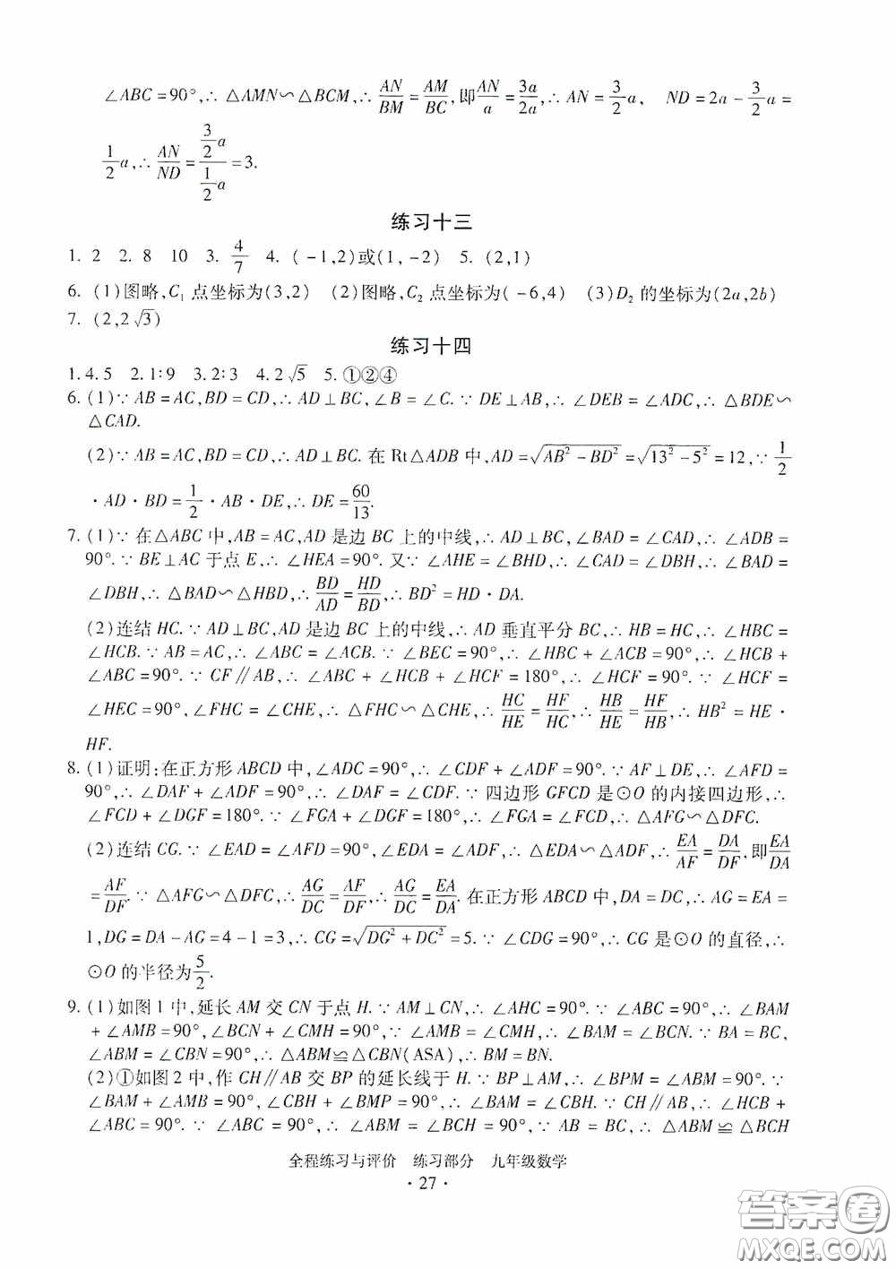浙江人民出版社2020全程練習(xí)與評價九年級數(shù)學(xué)全一冊ZH版答案