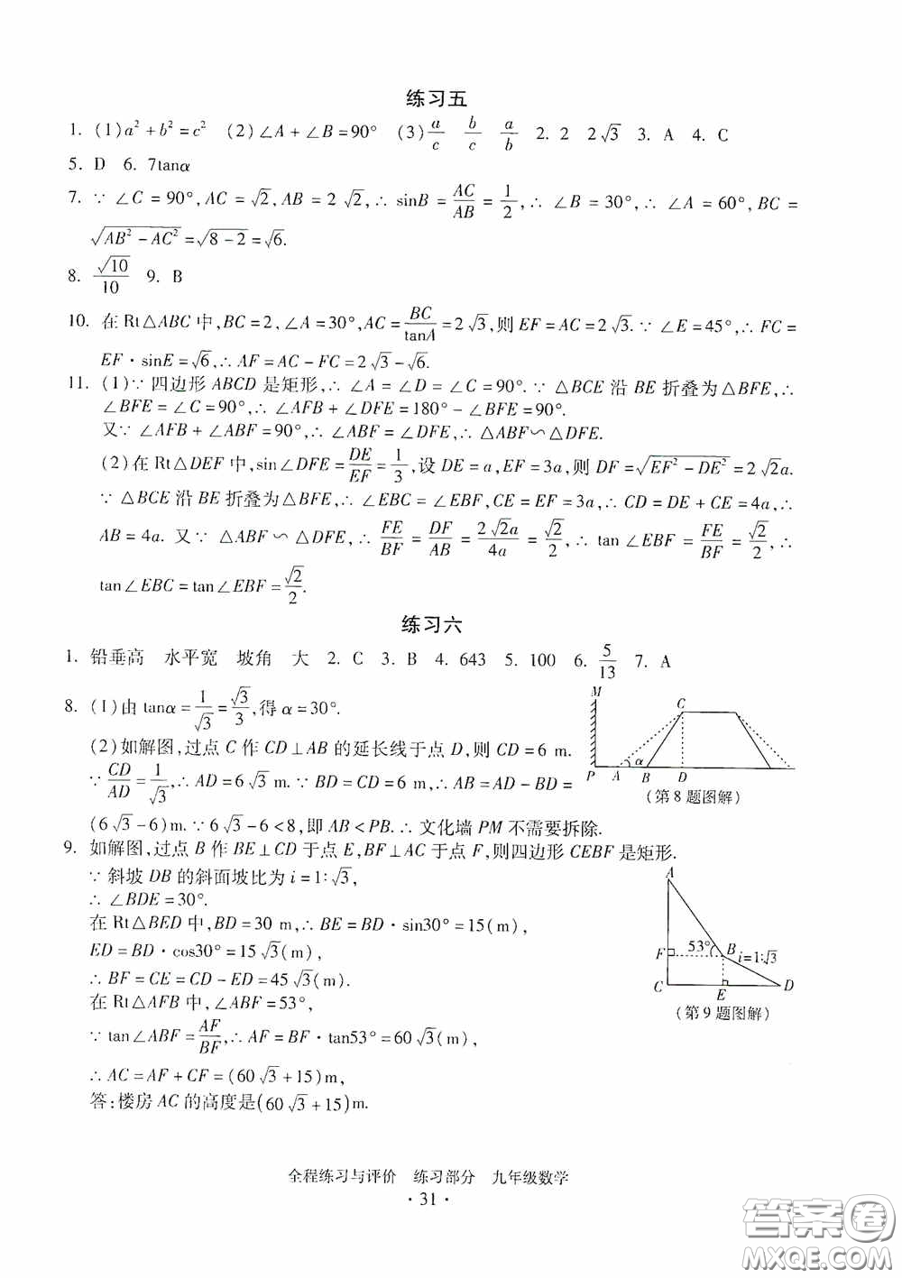 浙江人民出版社2020全程練習(xí)與評價九年級數(shù)學(xué)全一冊ZH版答案