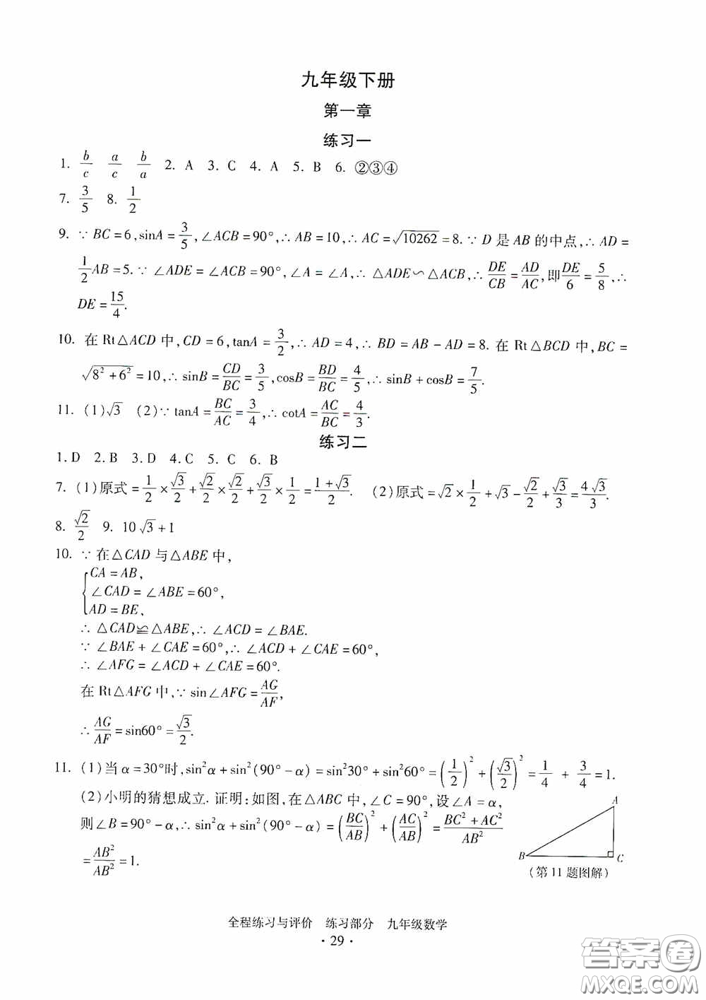 浙江人民出版社2020全程練習(xí)與評價九年級數(shù)學(xué)全一冊ZH版答案