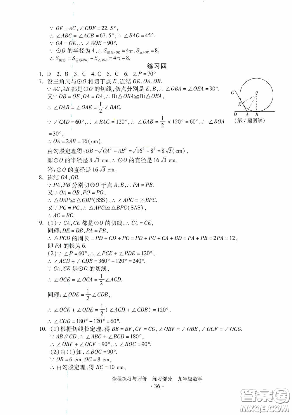 浙江人民出版社2020全程練習(xí)與評價九年級數(shù)學(xué)全一冊ZH版答案